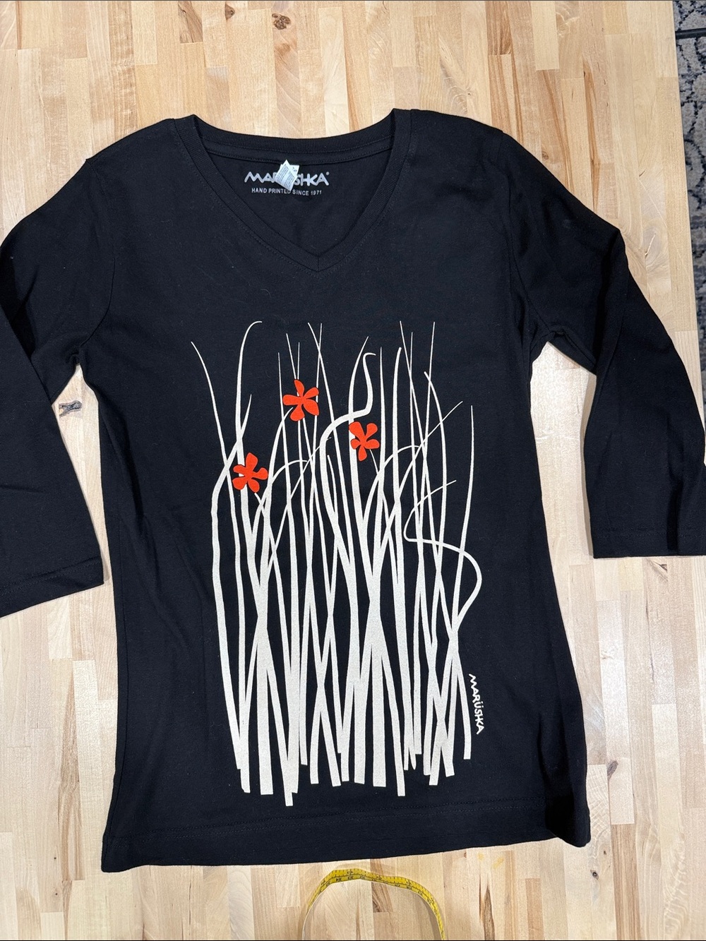 Marushka Black Long-Sleeve V-Neck Tee with Blooms and Beach Grass